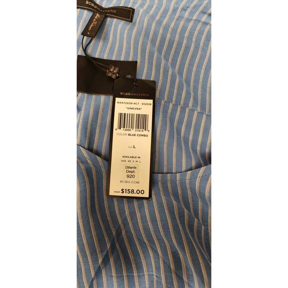 BCBGMAXAZRIA GINEVRA Striped Blue Scoop-Neck Wrap Hi-Lo Long Sleeve Blouse L - Picture 10 of 10